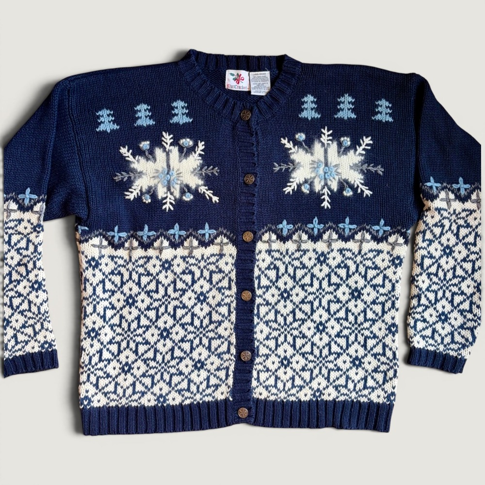 Nutcracker Vintage Snowflake Fair Isle Cardigan Sweater Navy Blue Large